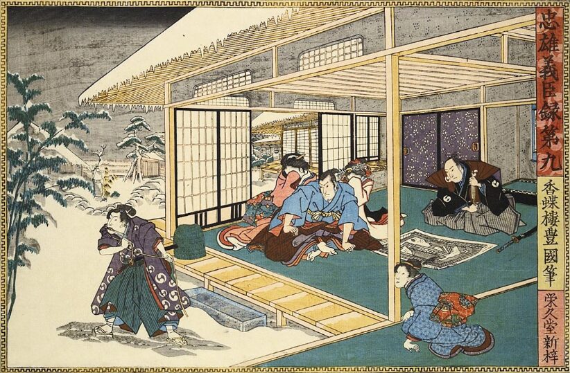 江戸時代の浮世絵、歌舞伎の一場面を描いた「忠臣蔵（ちゅうしんぐら）」シリーズの一幕