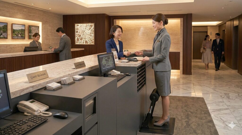 腰痛はホテルスタッフの職業病。アルケリス「スタビハーフ」が美しい立ち姿勢と負荷軽減の両立を実現します。疲労軽減ジェルマット、アシストインソールもおすすめ。