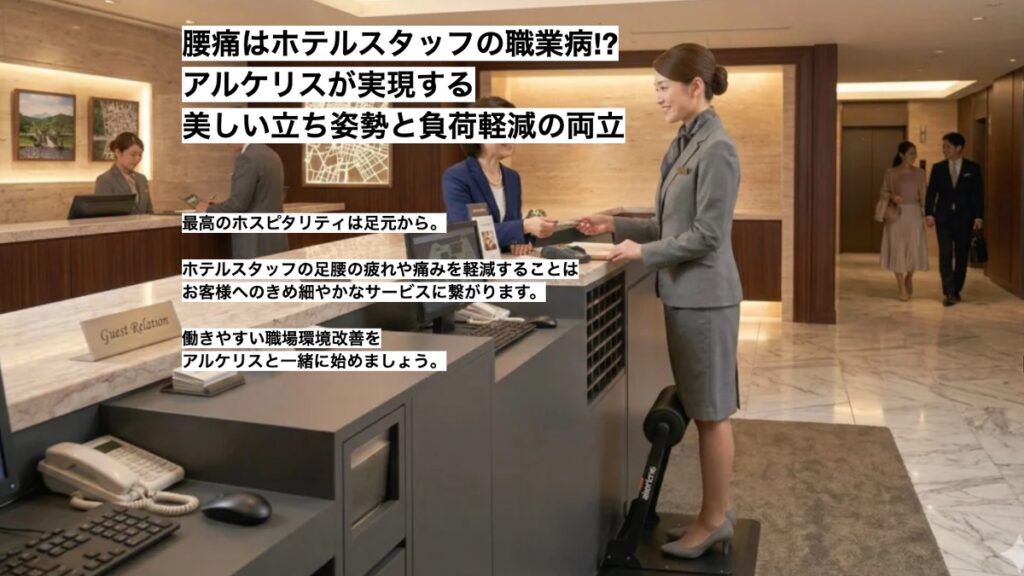腰痛はホテルスタッフの職業病。アルケリス「スタビハーフ」が美しい立ち姿勢と負荷軽減の両立を実現します。疲労軽減ジェルマット、アシストインソールもおすすめ。