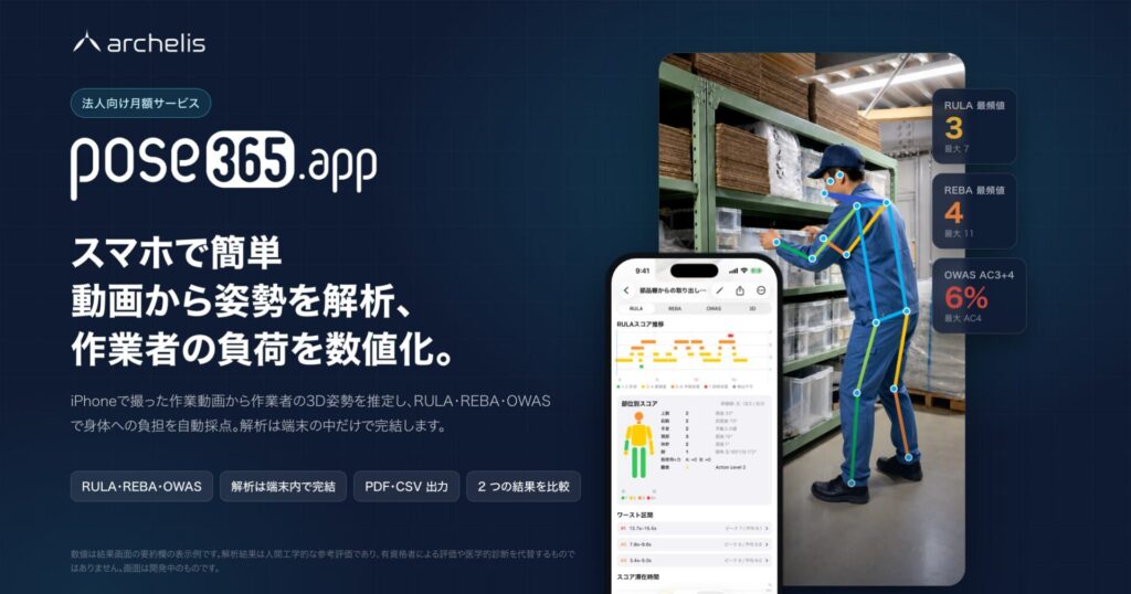 アルケリス、人間工学に基づく姿勢解析アプリ「Pose365」を提供開始